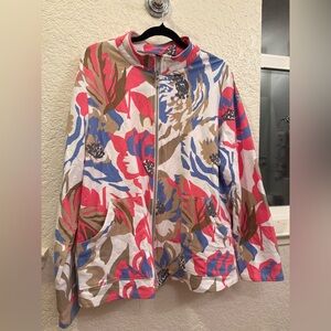 Susan Graver Weekend Floral Zip Jacket in Pink, Coral, Blue Size L Cotton & Span